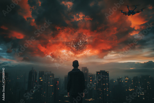 A man with red, fiery storm, on a futuristic skyline
