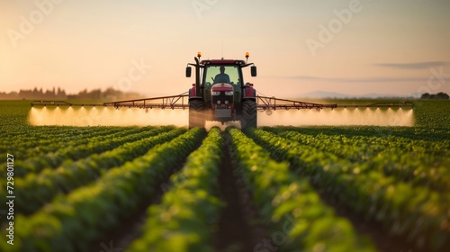 Tractor spraying pesticides fertilizer on soybean crops farm field © ND STOCK