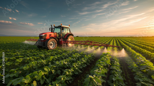 Tractor spraying pesticides fertilizer on soybean crops farm field