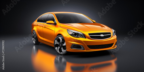 Bright yellow electric modern car Yellow small family car hatchback on black background 3d rendering.