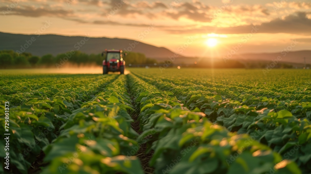 Fototapeta premium Tractor spraying pesticides fertilizer on soybean crops farm field