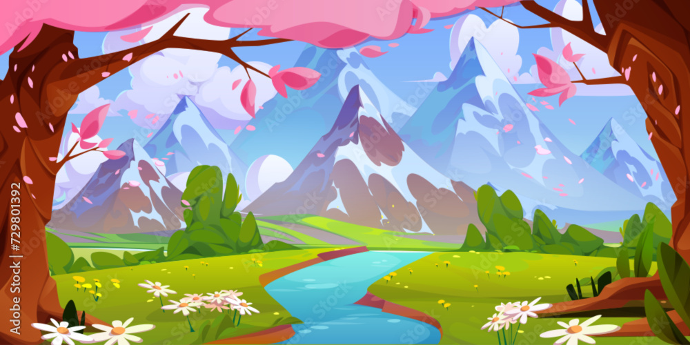 Spring mountain river landscape with old sakura trees. Vector cartoon illustration of beautiful scenery with blue water, pink cherry blossom petals, green grass on hills, glacier on peaks, cloudy sky