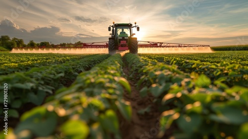 Tractor spraying pesticides fertilizer on soybean crops farm field