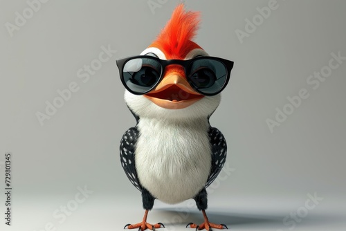 Cartoon bird with sunglasses and orange tuft.