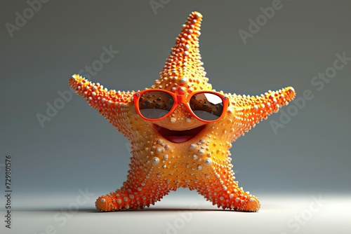 A cheerful starfish with red sunglasses on a neutral background. © AdriFerrer