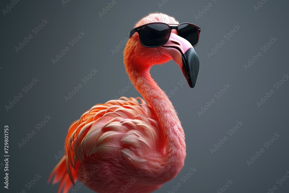 Fototapeta premium Pink flamingo with cool black sunglasses looks back with a sleek grace.
