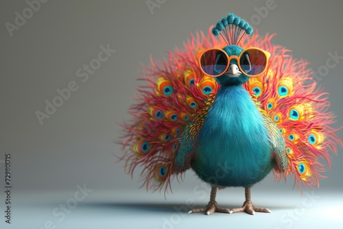 Vibrant peacock with oversized sunglasses showcases a fusion of fashion and nature. © AdriFerrer