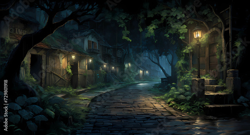 a night scene painting of a lighted street © ginnnart