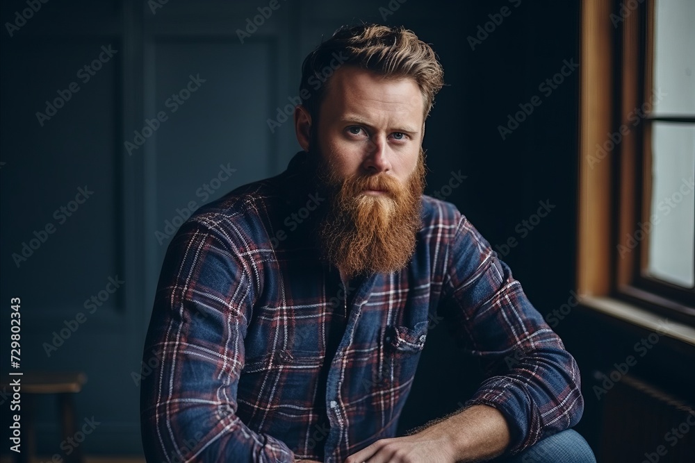 Portrait of a handsome man with long red beard and mustache in a checkered shirt sitting in a dark room