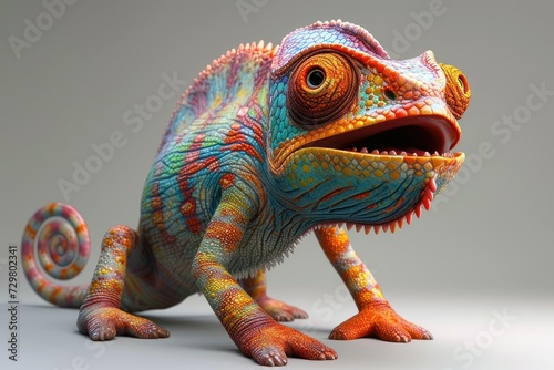 A vibrant chameleon with a wide-open mouth and colorful scales.