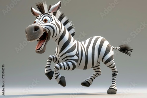 A zebra in mid-gallop  with a wide-open mouth and playful demeanor.