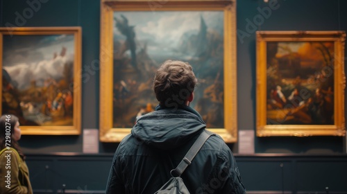 a man looking at paintings in an art museum © Artwork Vector