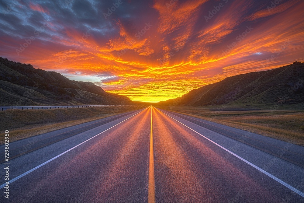 A breathtaking image of a straight highway leading to a sunset, where the sky is ablaze with vibrant oranges and pinks, reflecting off the smooth surface of the road and the gentle hills.