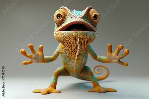 A startled chameleon with wide eyes and vibrant skin.