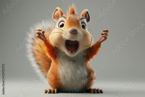 A shocked squirrel with wide eyes and raised hands. photo