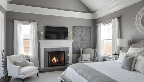 luxury bedroom with cathedral ceiling and fireplace