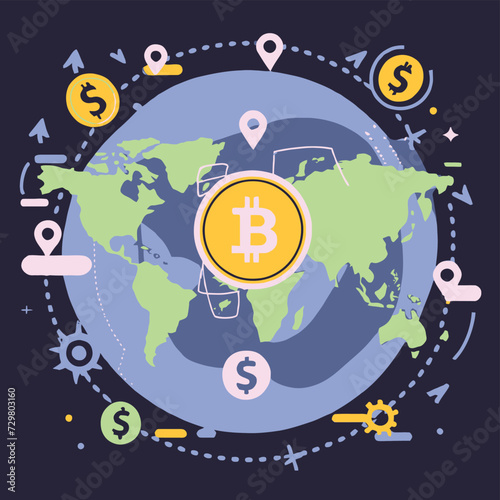 2d vector illustration colorful trading over the world map money bitcoin crypto 
