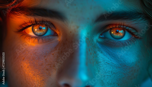 Intense Gaze: Close-Up of Human Eyes with Contrasting Warm and Cool Lighting