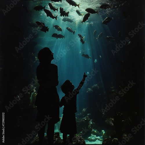 woman holding hand of a child in aquarium
