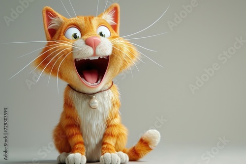 A laughing cartoon cat with wide eyes and fluffy orange fur