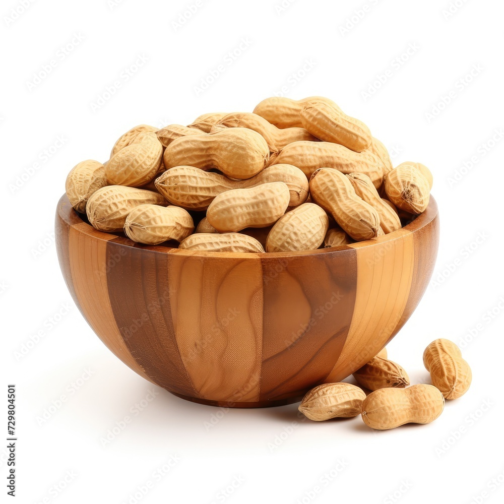 Photo of Peanuts in wooden bowl isolated on white background Photo of Peanuts in wooden bowl isolated on white background