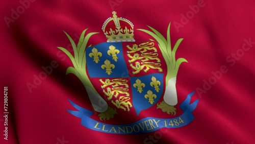 Llandovery City Flag. Waving Fabric Satin Texture Flag of Llandovery 3D Illustration. Real Texture Flag of the Llandovery United Kingdom Banner Collection. High Detailed Flag Animation England, UK photo