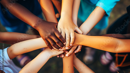 A group of children with their hands together.