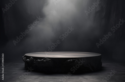 Black 3D Stump in Monochrome Blending Contemporary Landscape with Raw Metallicity on a Wooden Stage