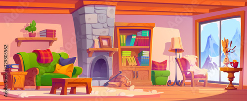 Cozy village cabin interior with winter mountain peaks with snow landscape outside window, wooden furniture and fireplace, books in cabinet and on shelves. Cartoon vector chalet or hotel room inside.