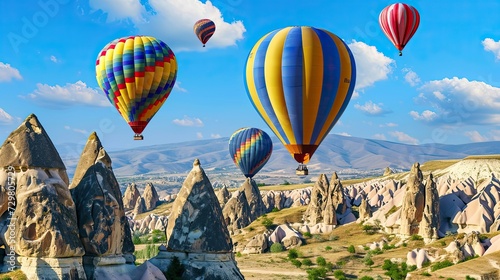A hot air balloon festival with balloons flying in formation, creating a stunning visual display.