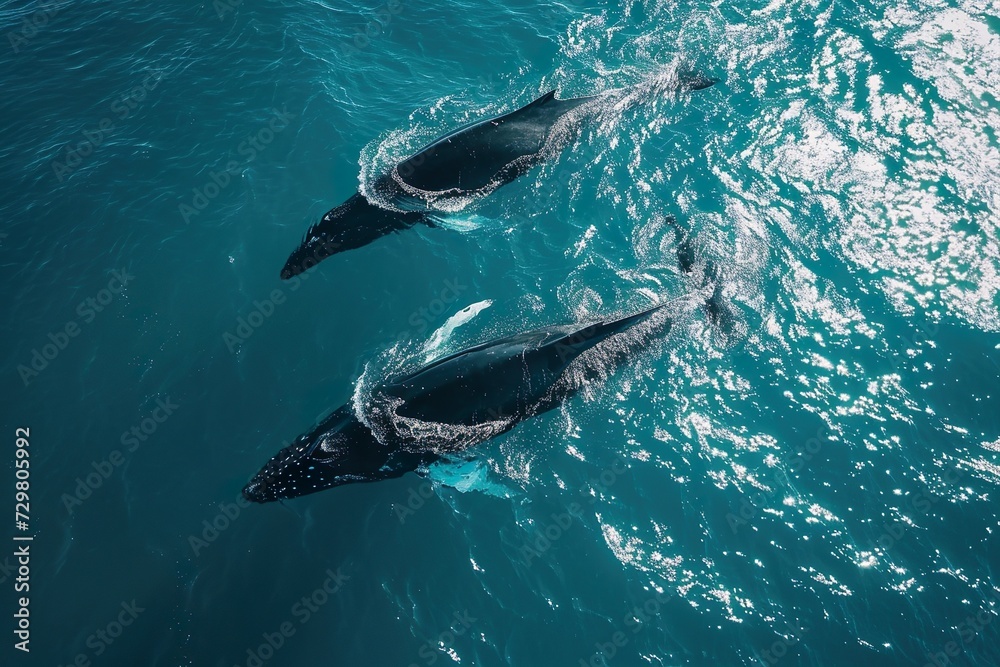 Fototapeta premium Top view of powerful whales swimming in blue ocean water near the surface on a sunny day