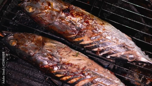 Asian food. Two grilled skipjack tuna on the grill. Katsuwonus pelamis photo