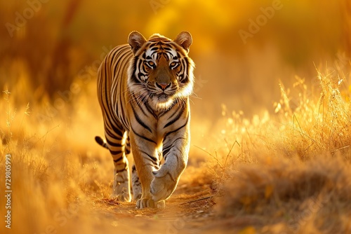 Big male tiger in natural habitat, tiger walking in golden light, wildlife scene with dangerous animals. © Kasorn