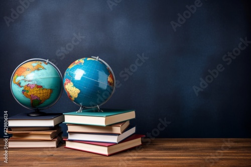 Educational supplies. globe, books, stationery on blackboard background - essentials on wooden table © Mikki Orso