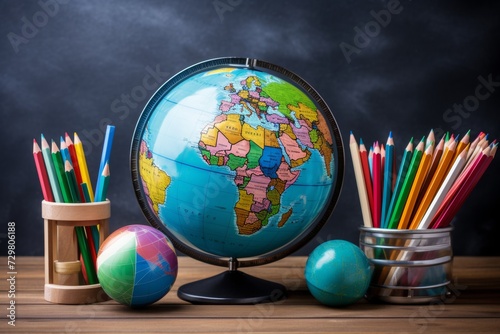 Educational essentials. colorful globes, books, and stationery on blackboard background