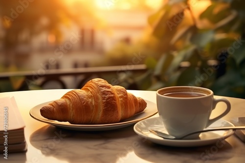 Scrumptious croissant and aromatic coffee served on an outdoor cafe table in bustling city