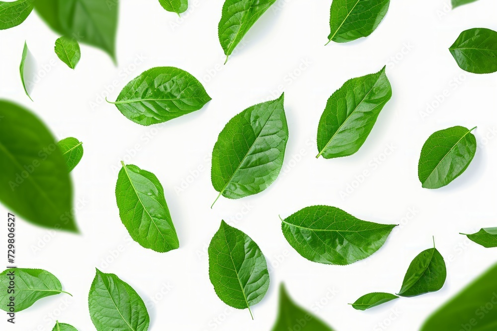 falling green leaves plum tree tea isolated white background falling green leaves plum tree tea isolated white background