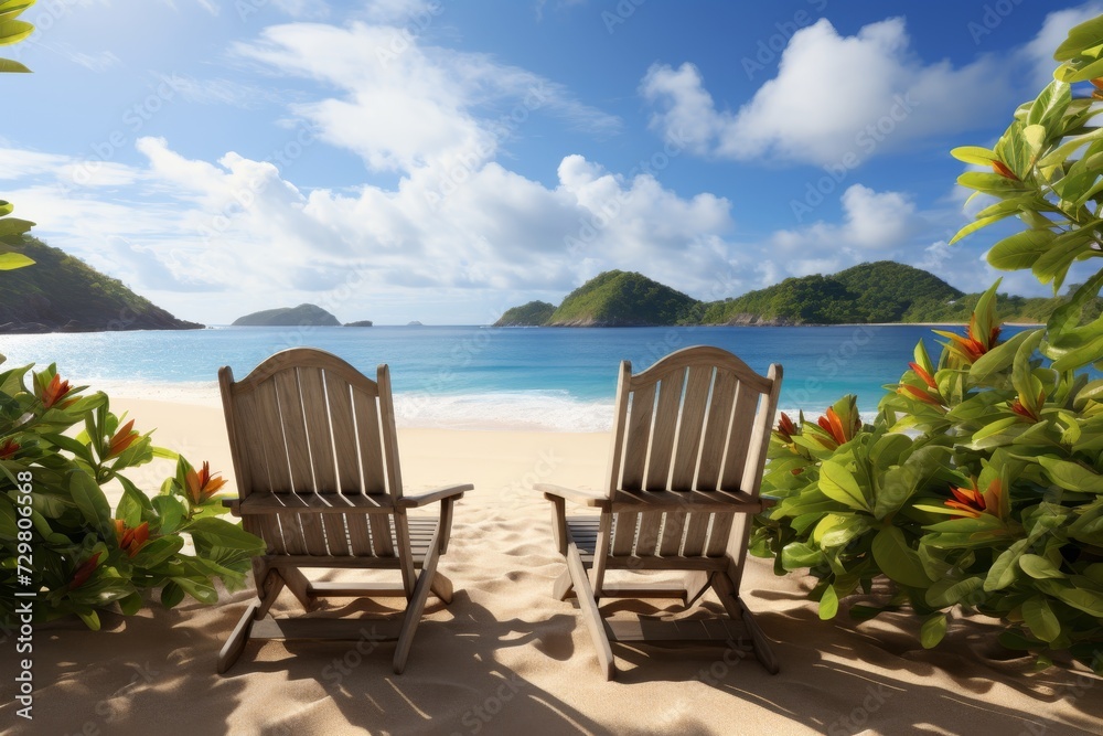 Tropical paradise. white sand beach, serene sun loungers, turquoise ocean, blue sky