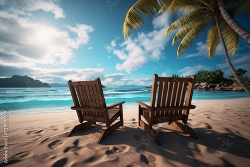 Tropical beach paradise. white sand  sun loungers  turquoise ocean  and blue skies