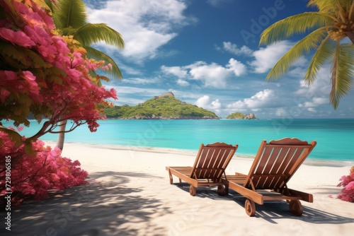 Tropical bliss. white sand beach, azure ocean, sun loungers, palm leaf frame - ideal vacation spot © Mikki Orso