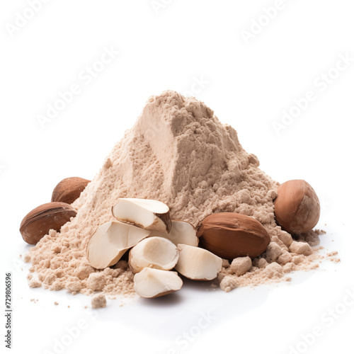 close up pile of finely dry organic fresh raw brazil nut flour powder isolated on white background. bright colored heaps of herbal, spice or seasoning recipes clipping path. selective focus photo