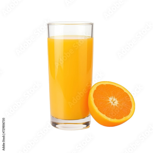 glass of 100% fresh organic mandarin orange juice with sacs and sliced fruits png isolated on white background with clipping path. selective focus