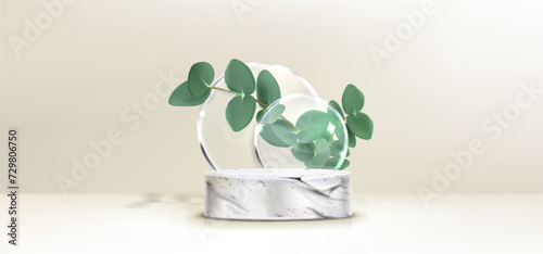 3D stone platform with eucalyptus branch and glass decoration on beige background. Vector realistic illustration of round marble stage for organic product presentation, exhibition display mockup