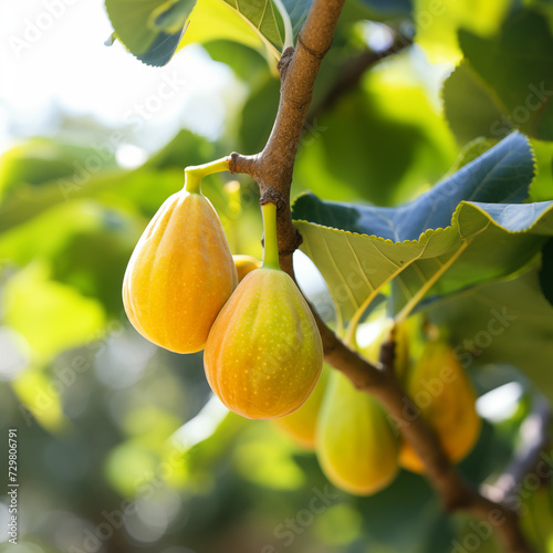 close-up of a fresh ripe yellow fig hang on branch tree. autumn farm harvest and urban gardening concept with natural green foliage garden at the background. selective focus photo