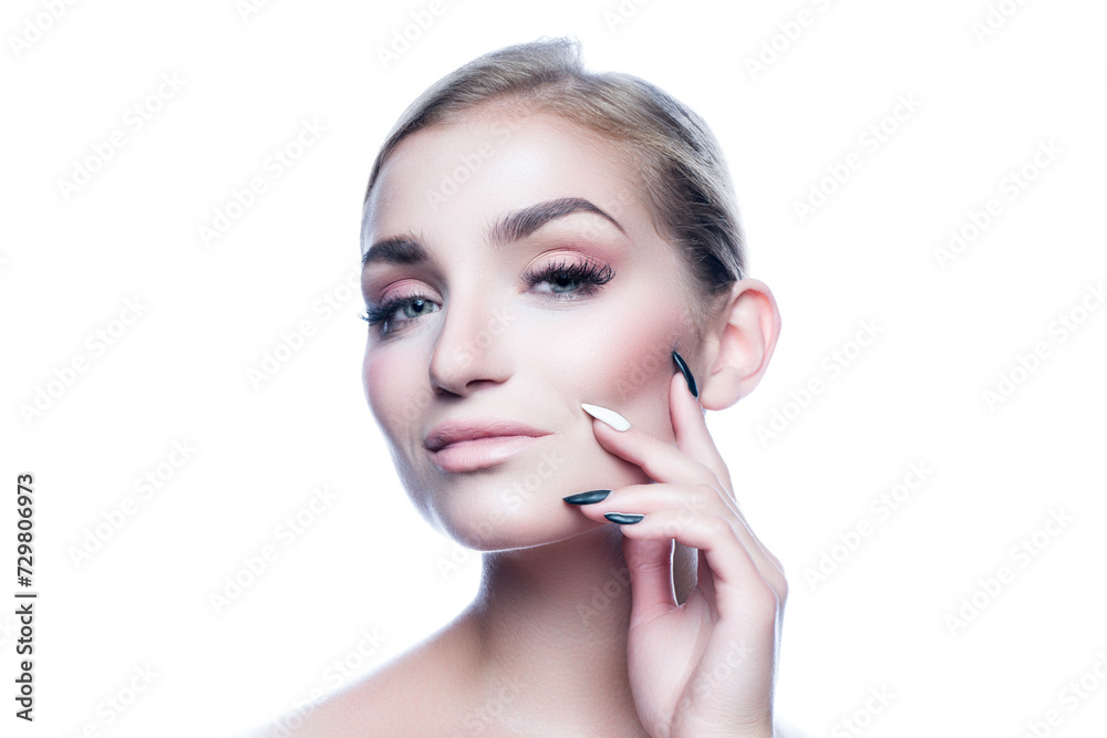 Beauty portrait of fashion model woman, clean skin, natural make-up, blue eyes Beauty portrait of fashion model woman, clean skin, natural make-up, blue eyes