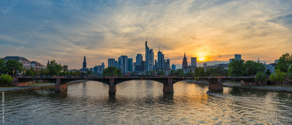 Frankfurt Germany, sunset panorama city skyline at Main River and business skyscraper