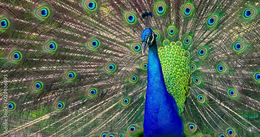 Peacock bird with fanned open tail dance, colorful peacock feathers eyes pattern outdoor in a tropical forest