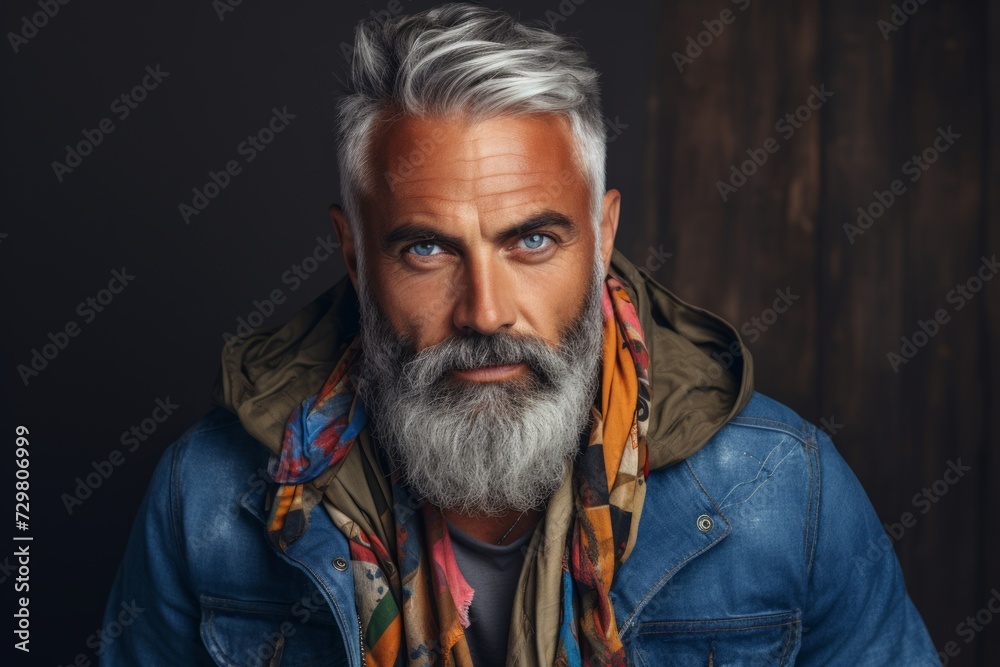 Portrait of a handsome senior man with gray beard and mustache in a denim jacket. Men's beauty, fashion.