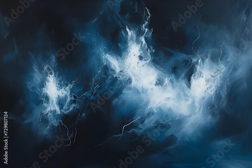 Abstract art piece capturing the essence of a thunderstorm, with electric blues and stark whites clashing against a dark backdrop, evoking atmospheric intensity.