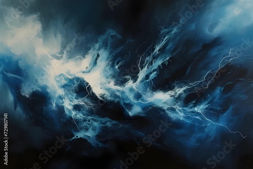 Abstract art piece capturing the essence of a thunderstorm, with electric blues and stark whites clashing against a dark backdrop, evoking atmospheric intensity.